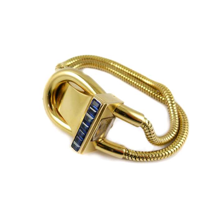 18ct gold and sapphire retro wristwatch of hook and eye
